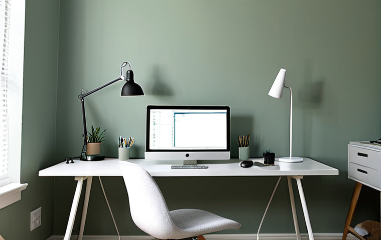 **Image Prompt 1: The Focused Sanctuary**
A modern, minimalist home office bathed in soft, natural light. The walls are a calming, muted sage green, complemented by subtle accents of cool, muted blue in a desk lamp or a piece of decor. A person is seen deep in concentration at a sleek desk with a monitor, their posture relaxed and focused. The overall atmosphere conveys tranquility, deep concentration, and reduced stress.
