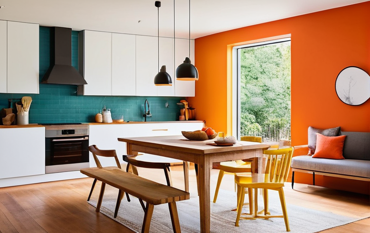 색상에 따른 심리적 안정감 증진 전략 - **Prompt for Energy and Connection (Warm Hues):**
"A bright, inviting home kitchen or creative s...