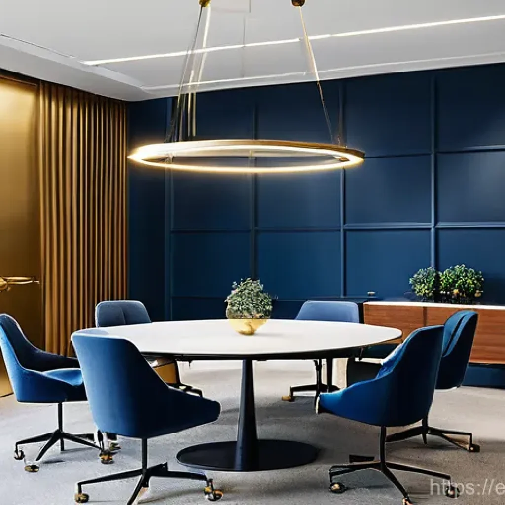 디지털 공간에서의 색상 심리학 적용 - **Prompt 1: Building Trust and Recognition (Blue & Gold Palette)**
"A sleek, professional office...