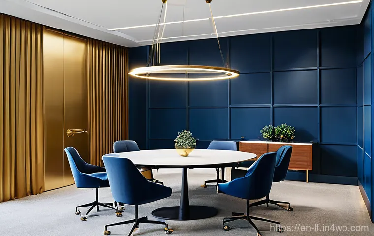 디지털 공간에서의 색상 심리학 적용 - **Prompt 1: Building Trust and Recognition (Blue & Gold Palette)**
"A sleek, professional office...