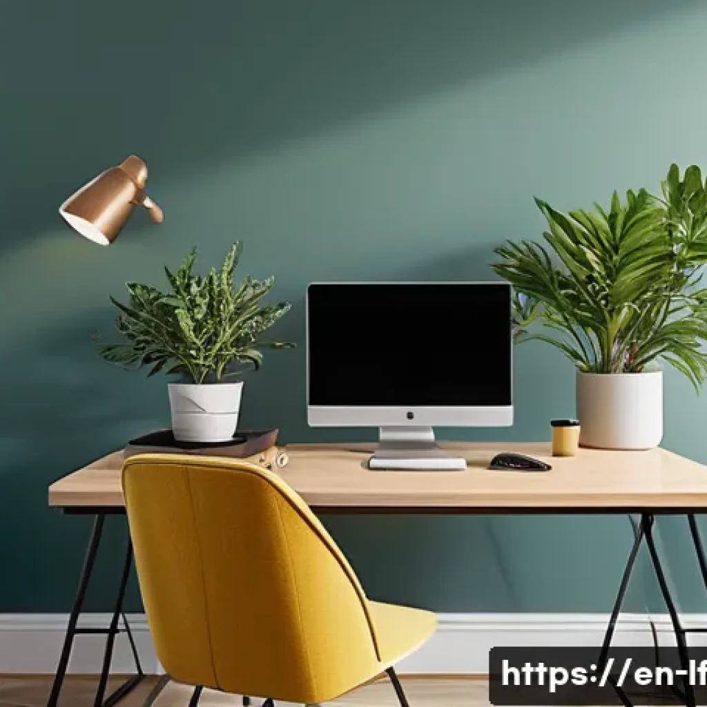 색깔과 분위기의 조화로운 조합 - A contemporary home office bathed in soft, natural daylight streaming through a large window. The ma...