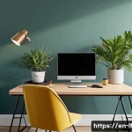 Home 22 색깔과 분위기의 조화로운 조합 - A contemporary home office bathed in soft, natural daylight streaming through a large window. The ma...