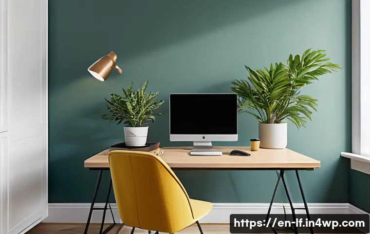 색깔과 분위기의 조화로운 조합 - A contemporary home office bathed in soft, natural daylight streaming through a large window. The ma...