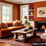 Home 21 색상에 따른 공간 분위기 조성하기 - **Prompt:** A cozy and vibrant living room bathed in warm, inviting hues. The walls feature a deep, ...