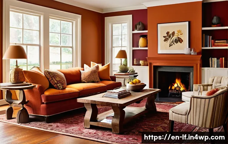 색상에 따른 공간 분위기 조성하기 - **Prompt:** A cozy and vibrant living room bathed in warm, inviting hues. The walls feature a deep, ...