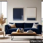 Home 19 색채 심리학 기반의 가구 색상 조합 - A modern living room featuring a rich navy velvet sofa paired with soft beige fabric armchairs, set ...