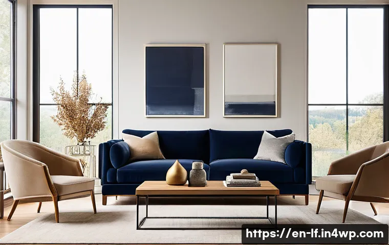 색채 심리학 기반의 가구 색상 조합 - A modern living room featuring a rich navy velvet sofa paired with soft beige fabric armchairs, set ...