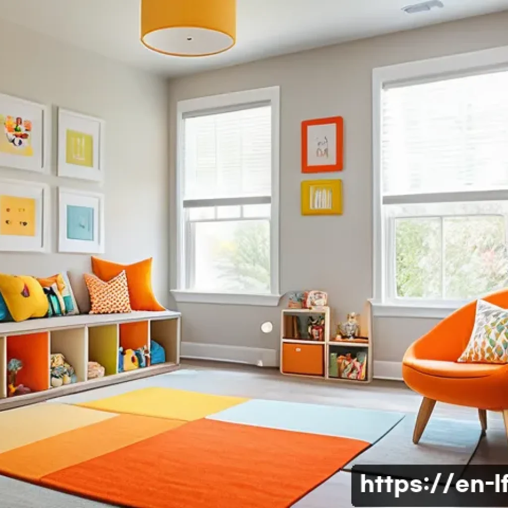 아동 공간 디자인을 위한 색채 심리 - A bright and cheerful children's playroom bathed in warm hues of soft yellows and bright oranges, fe...