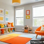 Home 18 아동 공간 디자인을 위한 색채 심리 - A bright and cheerful children's playroom bathed in warm hues of soft yellows and bright oranges, fe...