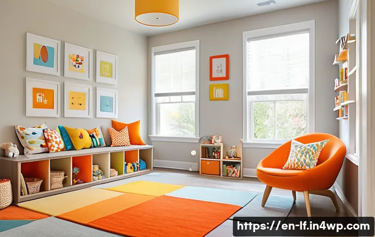 아동 공간 디자인을 위한 색채 심리 - A bright and cheerful children's playroom bathed in warm hues of soft yellows and bright oranges, fe...