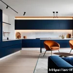 Home 23 색상 관리와 공간 디자인의 관계 - A modern living room interior featuring a harmonious blend of warm and cool hues: muted blue walls w...