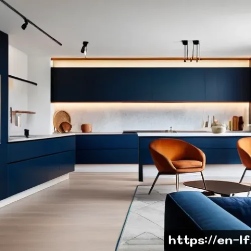 Home 17 색상 관리와 공간 디자인의 관계 - A modern living room interior featuring a harmonious blend of warm and cool hues: muted blue walls w...