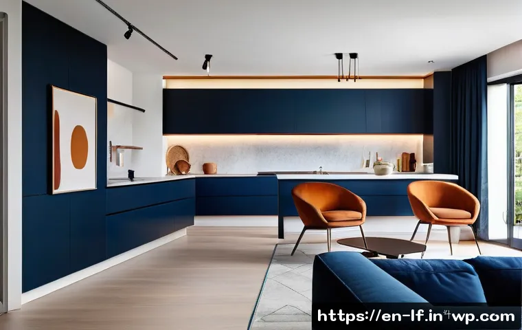 색상 관리와 공간 디자인의 관계 - A modern living room interior featuring a harmonious blend of warm and cool hues: muted blue walls w...
