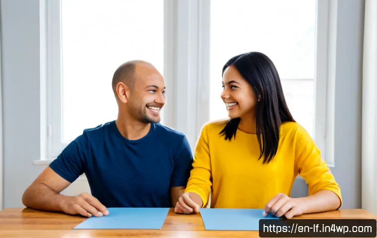 Home 17 색상이 주는 느낌에 대한 개인적 차이 - Photorealistic lifestyle scene in a bright modern home studio, two diverse adults seated at opposite...